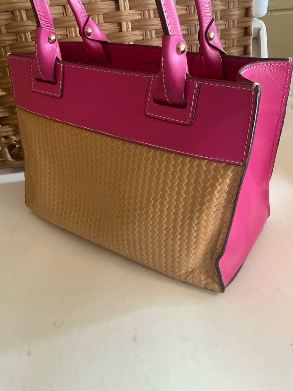 Dooney & Bourke Hot Pink and Tan Woven Tote - Picture 6 of 16